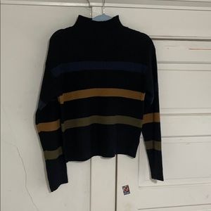 blue/brown/green stripe on black mock neck sweater